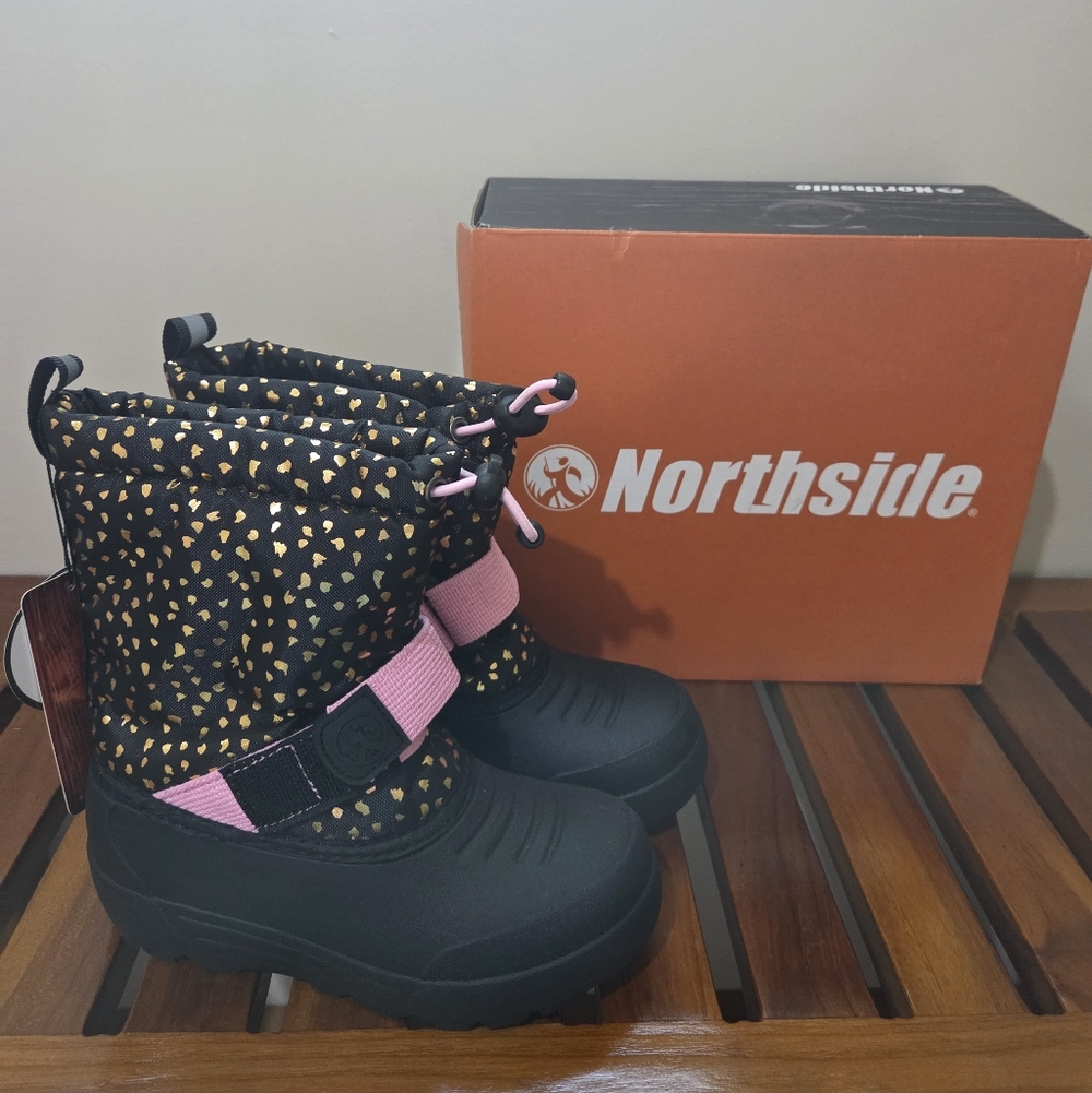 Northside Girl's Black and Pink Snow Boots With Gold Specs Size 10 NEW
